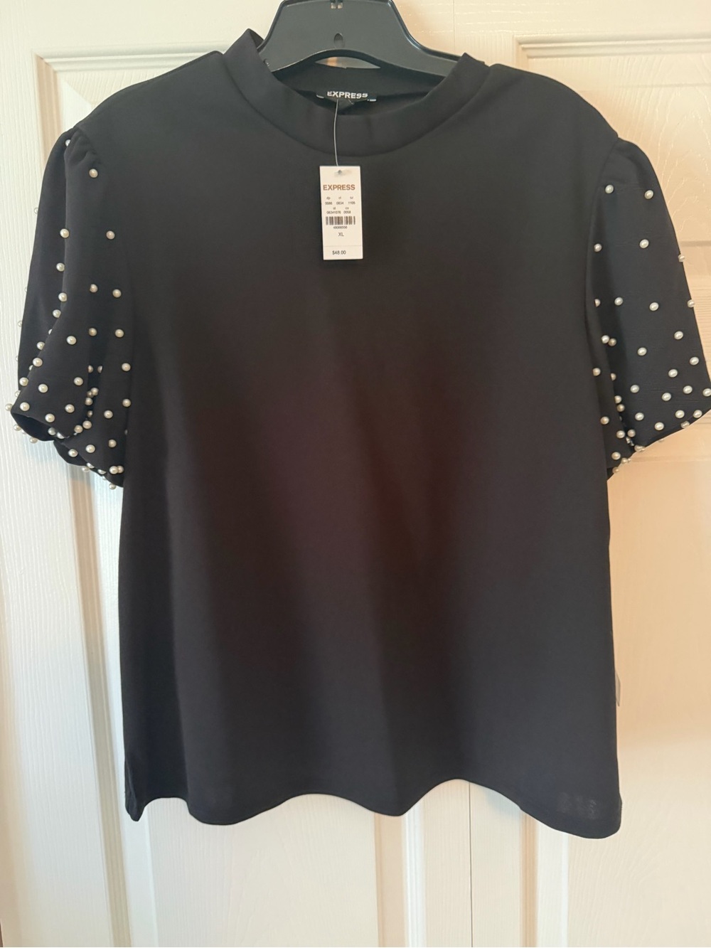 Express Black Mock Neck Top with Pearl-Embellished Puff Sleeves